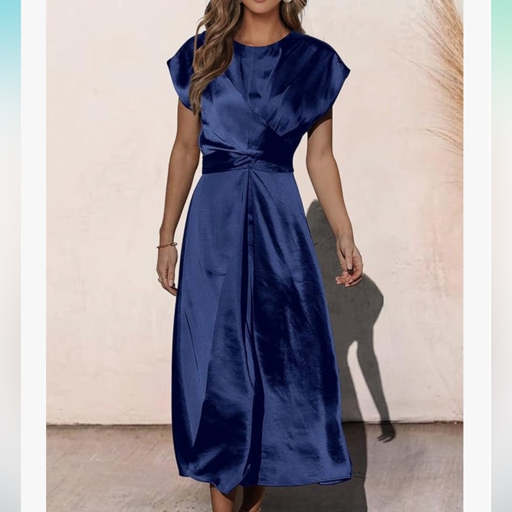 Blue satin midi dress tie back